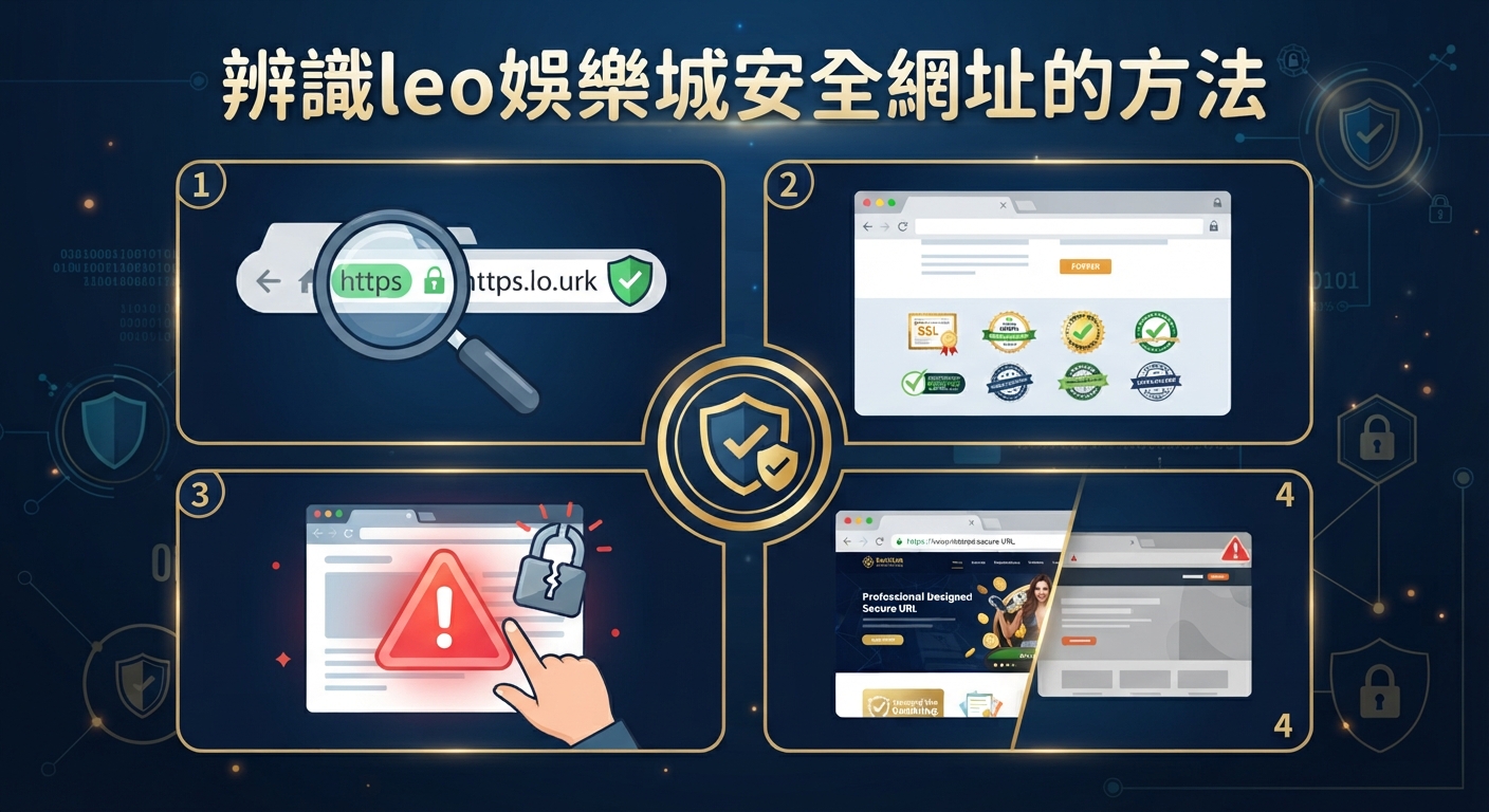 圖片上方標題為「辨識leo娛樂城安全網址的方法」，下方則分為四個區塊以圖示展示檢查網址安全、SSL認證與防範風險的步驟。