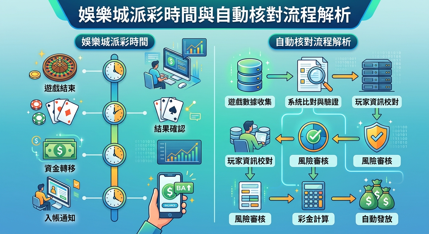 這張圖表清晰展示了娛樂城派彩的時間流程與自動核對機制,結合了時間軸與數據流向圖。 主題涵蓋從遊戲結束、結果確認到彩金自動發放的完整步驟,呈現高效且安全的系統架構。