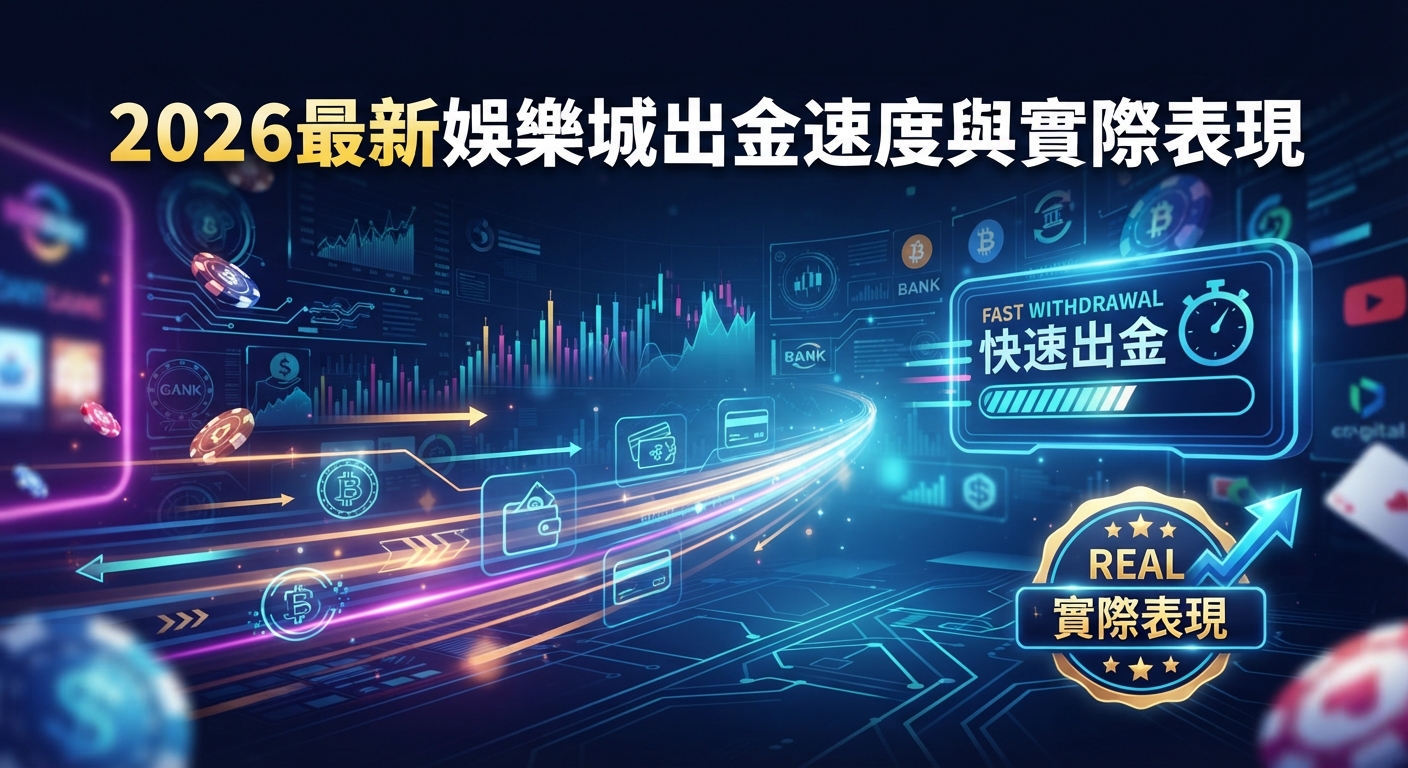 這張圖片以科技感十足的藍紫色調為主,展現了2026年最新娛樂城的出金速度與實際表現主題。 畫面中央上方醒目地標示著繁體中文主標題,並伴隨數位金流與極速提領的視覺元素。