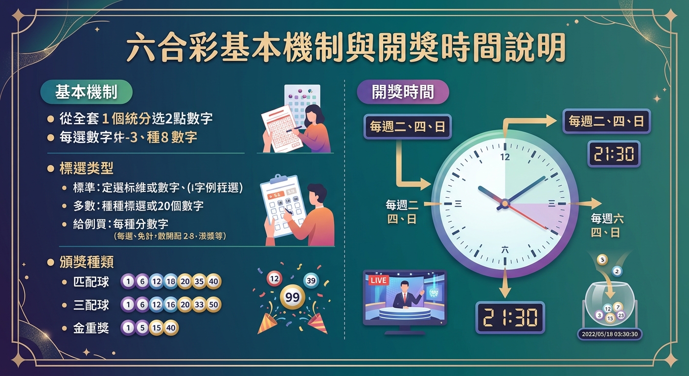 這張圖片採用優雅的深綠色背景與金邊框,上方以清晰標題展示 Mark Six(六合彩)主題。 畫面以簡潔圖示分區呈現基本玩法與開獎時間,搭配彩球、時鐘與電視直播畫面,整體設計俐落易讀。