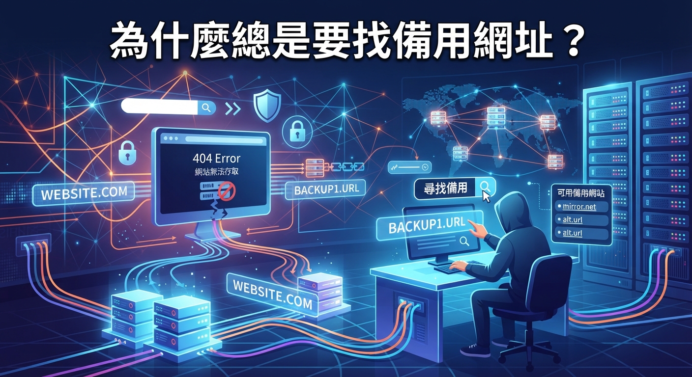 這裡是一張以科技風格呈現的圖片，畫面中展示了伺服器故障、網路連線中斷以及尋找備用網址的過程。 圖片上方醒目地標示著「為什麼總是要找備用網址？」這個核心標題。