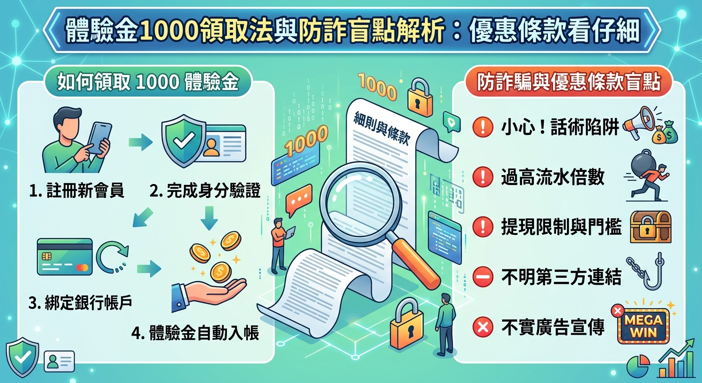 這張圖片以輕快的藍綠色調為背景，展示了關於領取 1000 體驗金的步驟流程，以及防範詐騙與注意優惠條款盲點的解析說明。   畫面中包含手機、安全防護盾牌、放大鏡檢視條款文件等豐富圖示，上方並標有明確的繁體中文標題。