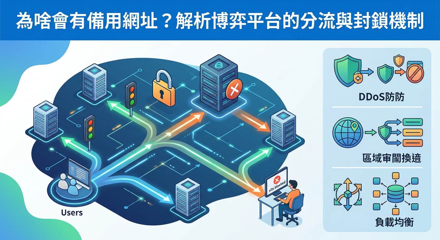 這張圖片以科技感插圖展現網路流量分流與封鎖機制，呈現使用者透過多條分流路徑連接至不同伺服器的架構圖。 頂部標題為「為啥會有備用網址？解析博弈平台的分流與封鎖機制」，右側輔以防護、審查與負載均衡等功能圖示說明。