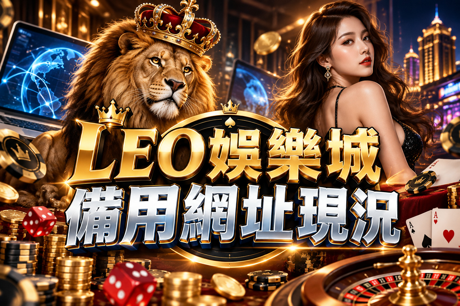 圖片以奢華金色娛樂城為背景,結合皇冠雄獅、真人美女與賭場元素,呈現LEO娛樂城備用網址的主題氛圍。 透過電腦網路連線、全球資訊圖像與醒目標題,突顯備用網址現況及網站連線安全的重要性。