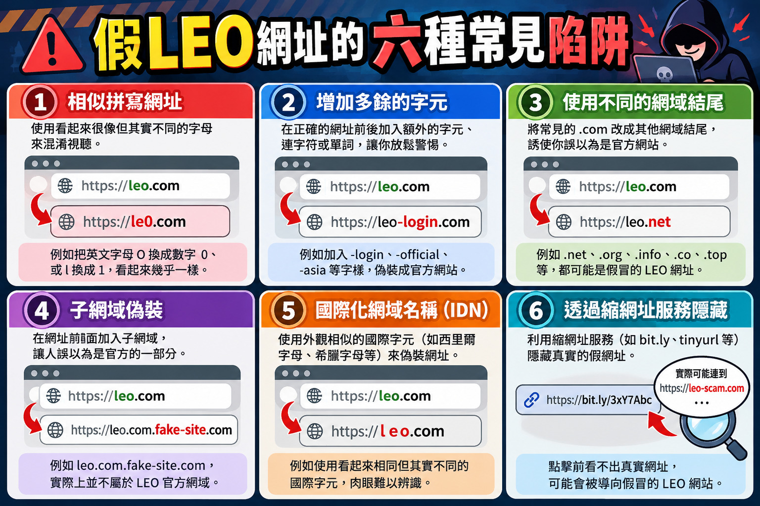 圖片以六大常見陷阱解析假LEO網址的詐騙手法,包括相似拼寫、額外字元、網域變更與偽裝子網域等風險。 透過鮮明的警示色彩、網址對照示例與圖解說明,提醒使用者提高警覺,避免誤入釣魚網站及洩漏個人資料。